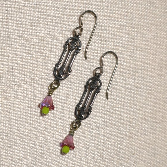Hand Crafted Handmade Earrings Arts & Crafts Style Brass Pink Bell Flowe… - Picture 1 of 5